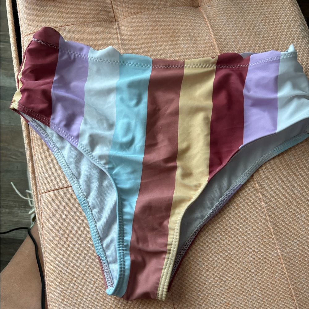 Striped High-Waist Bikini Bottom - Multicolor Pastel Stripes